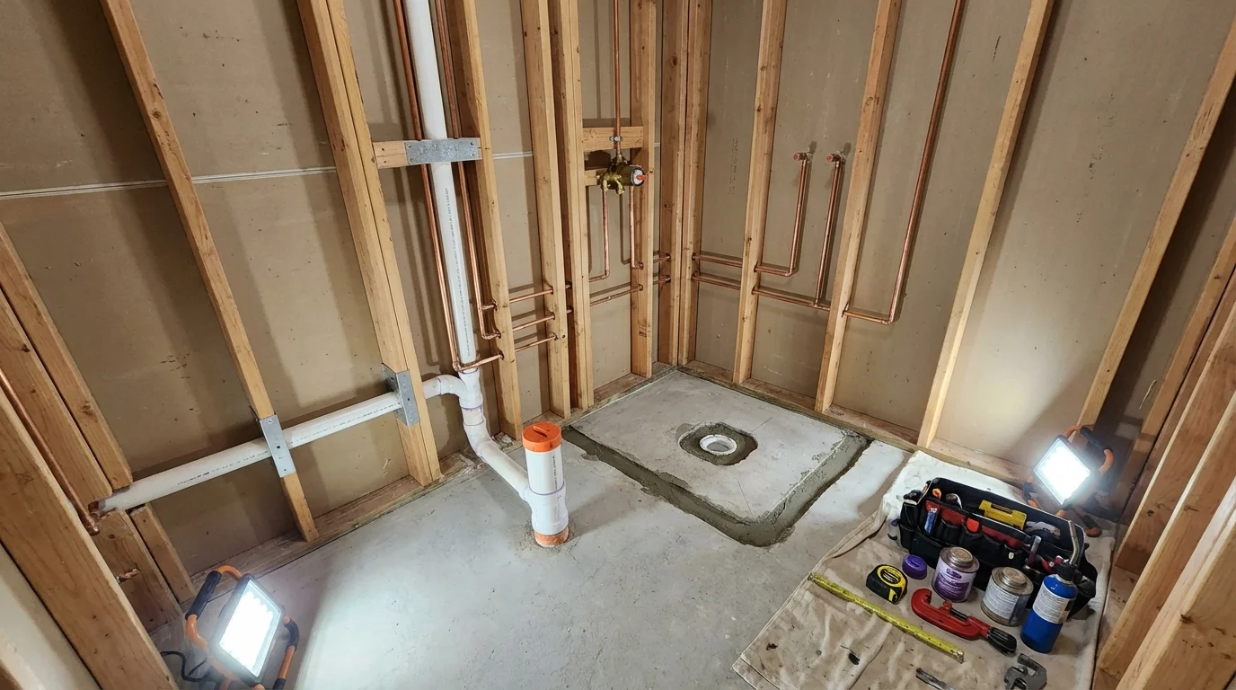 Bathroom rough-in plumbing during remodel by Johns Plumbing LLC in San Diego