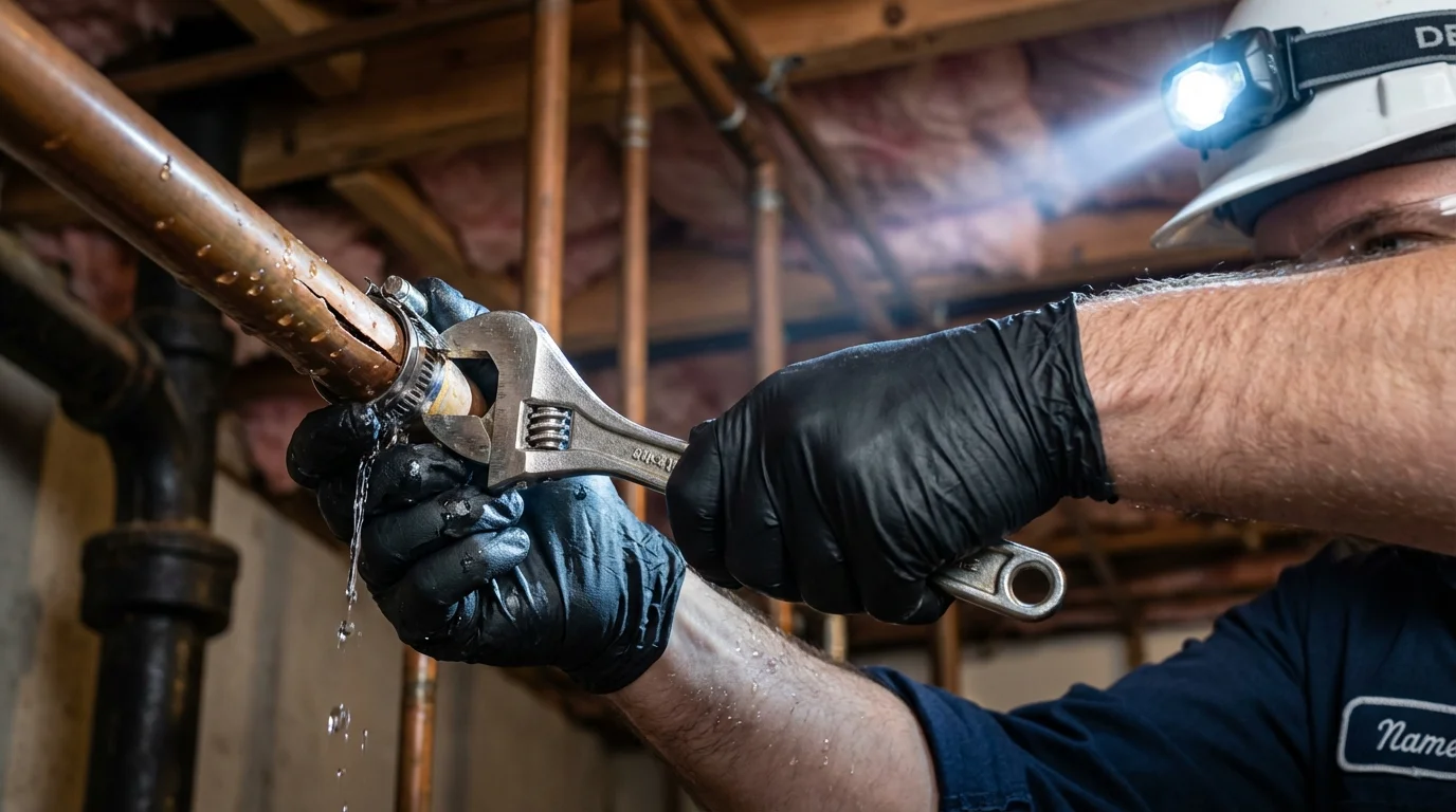 Emergency pipe clamp repair being performed by a Johns Plumbing LLC plumber in San Diego
