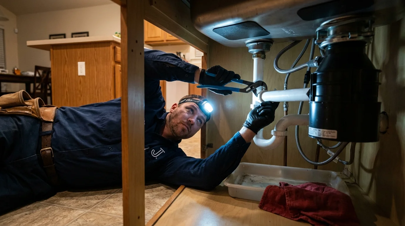 P-trap and supply line connections under a kitchen sink showing a common leak point in San Diego, CA